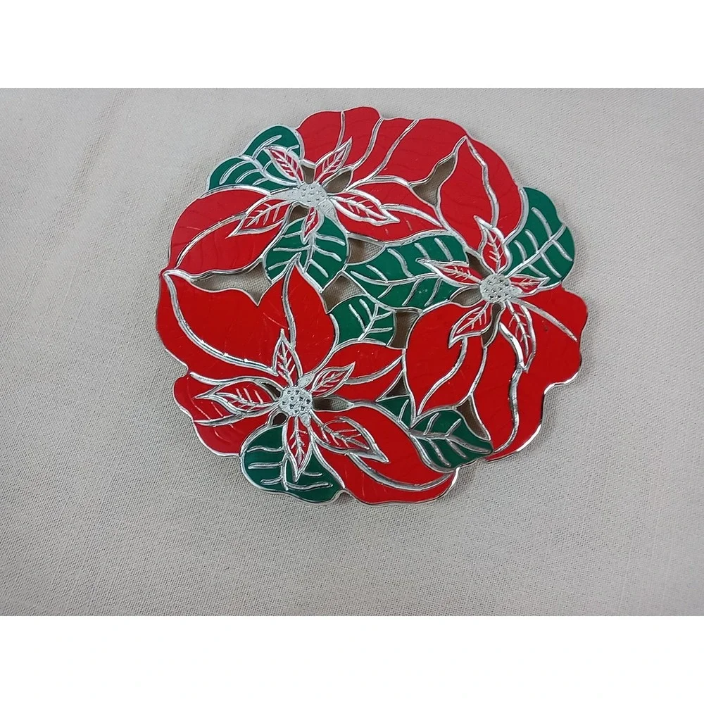 Vintage Wm A Rogers Poinsettia Trivet Silverplate & Enamel 1986 Christmas Trivet